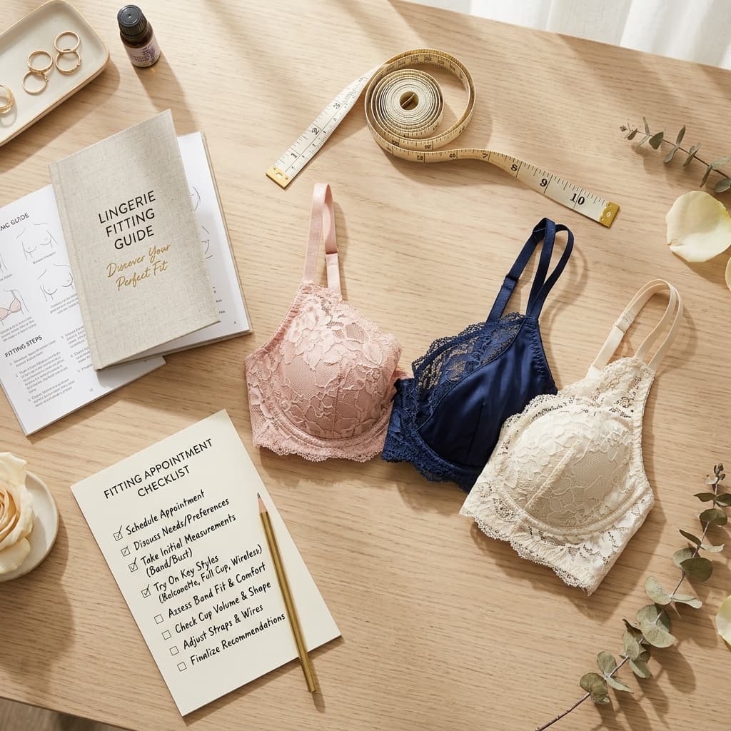 Flatlay of lace bras, silk measuring tape, and fitting appointment checklist