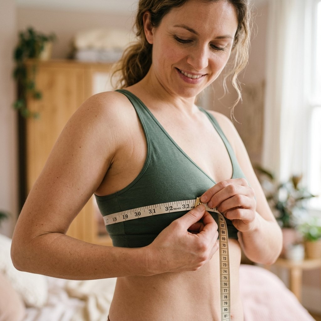 A woman measuring her underbust with a fabric tape measure to find her bra band size