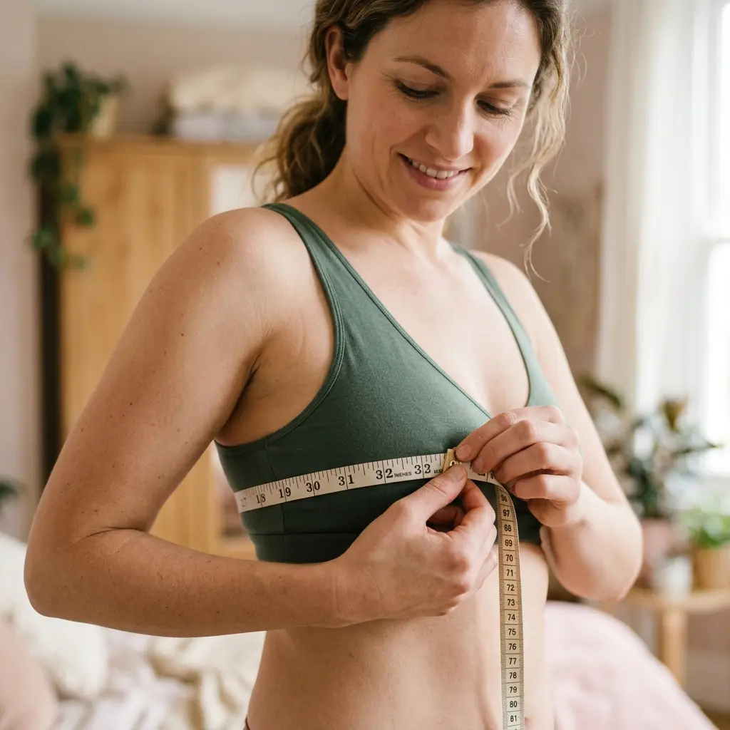 A woman measuring her underbust with a fabric tape measure to find her bra band size