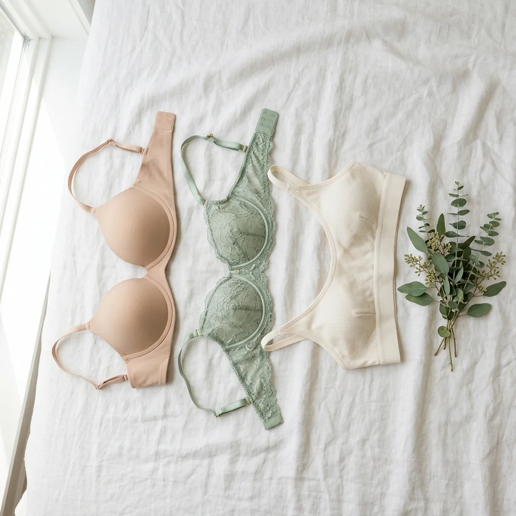 Flat lay photograph of three distinct bra styles: seamless nude T-shirt bra, soft green lace balconette bra, and comfortable cotton wireless bralette arranged neatly on white linen sheet
