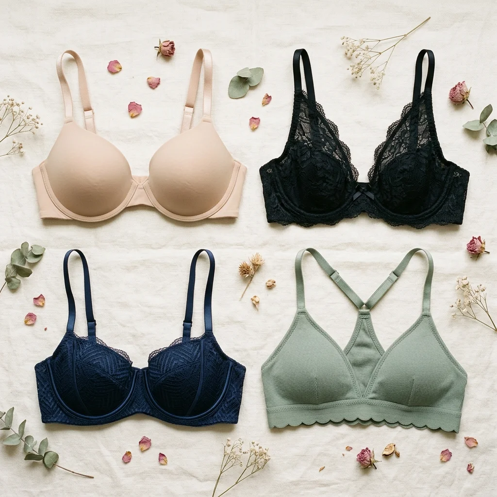 Flat lay photograph of four distinct bra styles: smooth nude T-shirt bra, lace plunge bra, structured demi cup bra, and soft wireless bralette neatly organized on cream linen backdrop