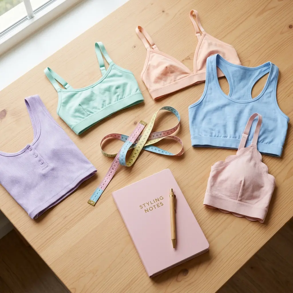 Aesthetic flatlay of soft pastel starter crop tops, bralettes, and measuring tape