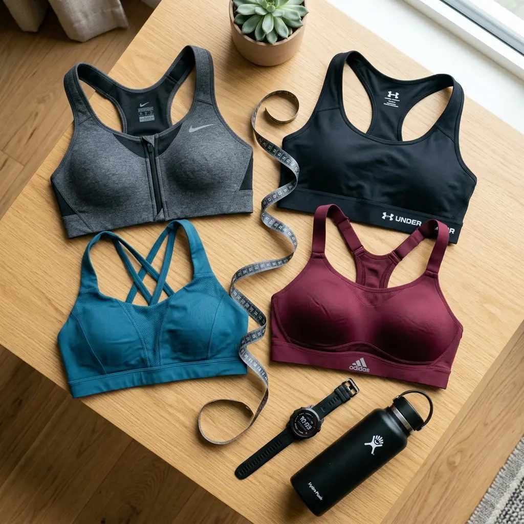 Flatlay of high-performance compression and encapsulation sports bras with measuring tape and fitness watch